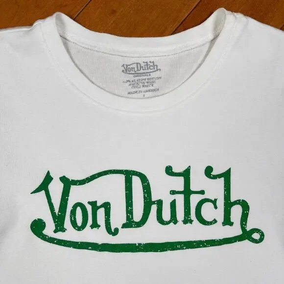 Y2K Von Dutch Logo Graphic Baby Tee White Green Babydoll T Shirt Vintage - Picture 4 of 15